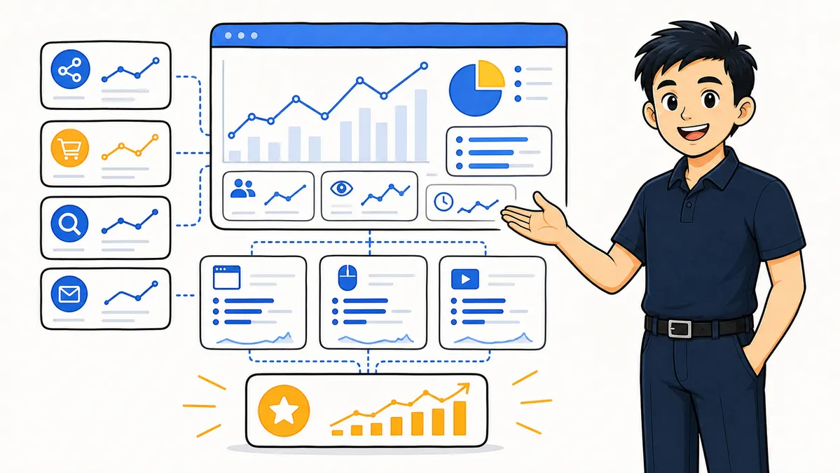 Ilustrasi Habib Hidayat menjelaskan Google Analytics untuk membaca channel, landing page, event, dan conversion marketing
