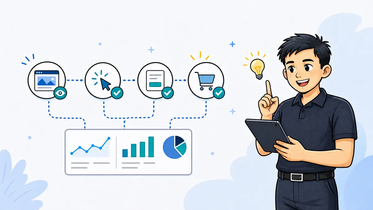 Ilustrasi Habib Hidayat menjelaskan event tracking minimum dari page view, click, form submit, hingga conversion