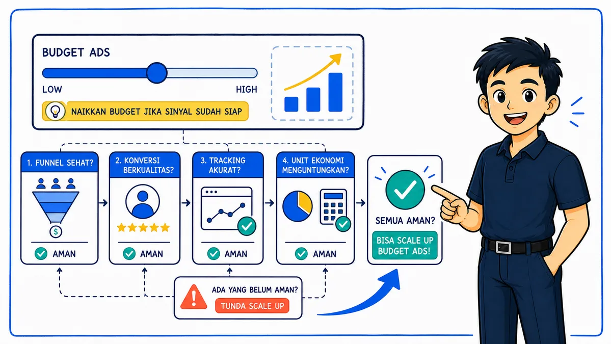 Ilustrasi Habib Hidayat mengecek funnel, kualitas conversion, tracking, dan unit economics sebelum menaikkan budget ads