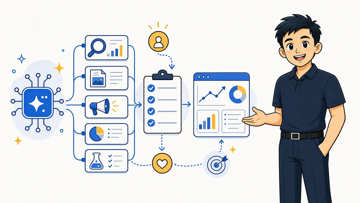 Ilustrasi Habib Hidayat menjelaskan workflow AI untuk riset, konten, ads, analytics, eksperimen, dan kurasi manusia