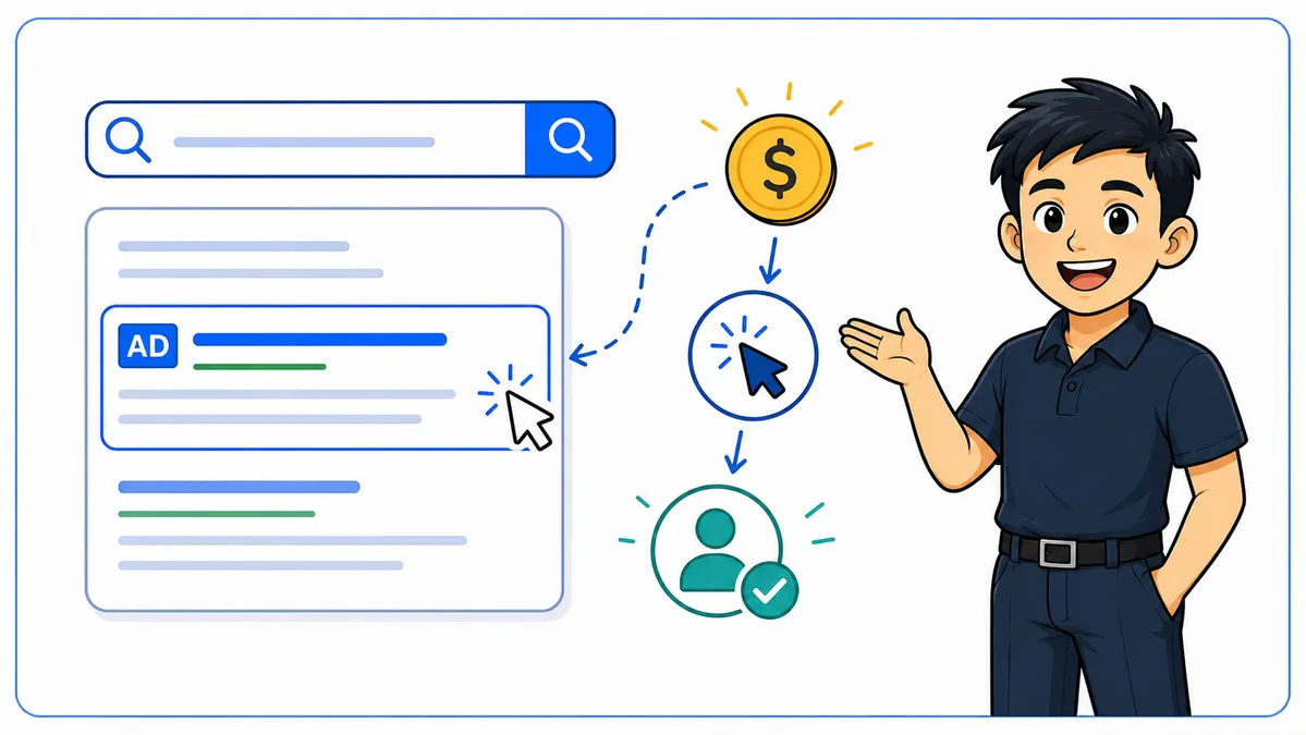 Ilustrasi Habib Hidayat menjelaskan Search Engine Marketing dengan paid search, klik iklan, budget, dan hasil terukur